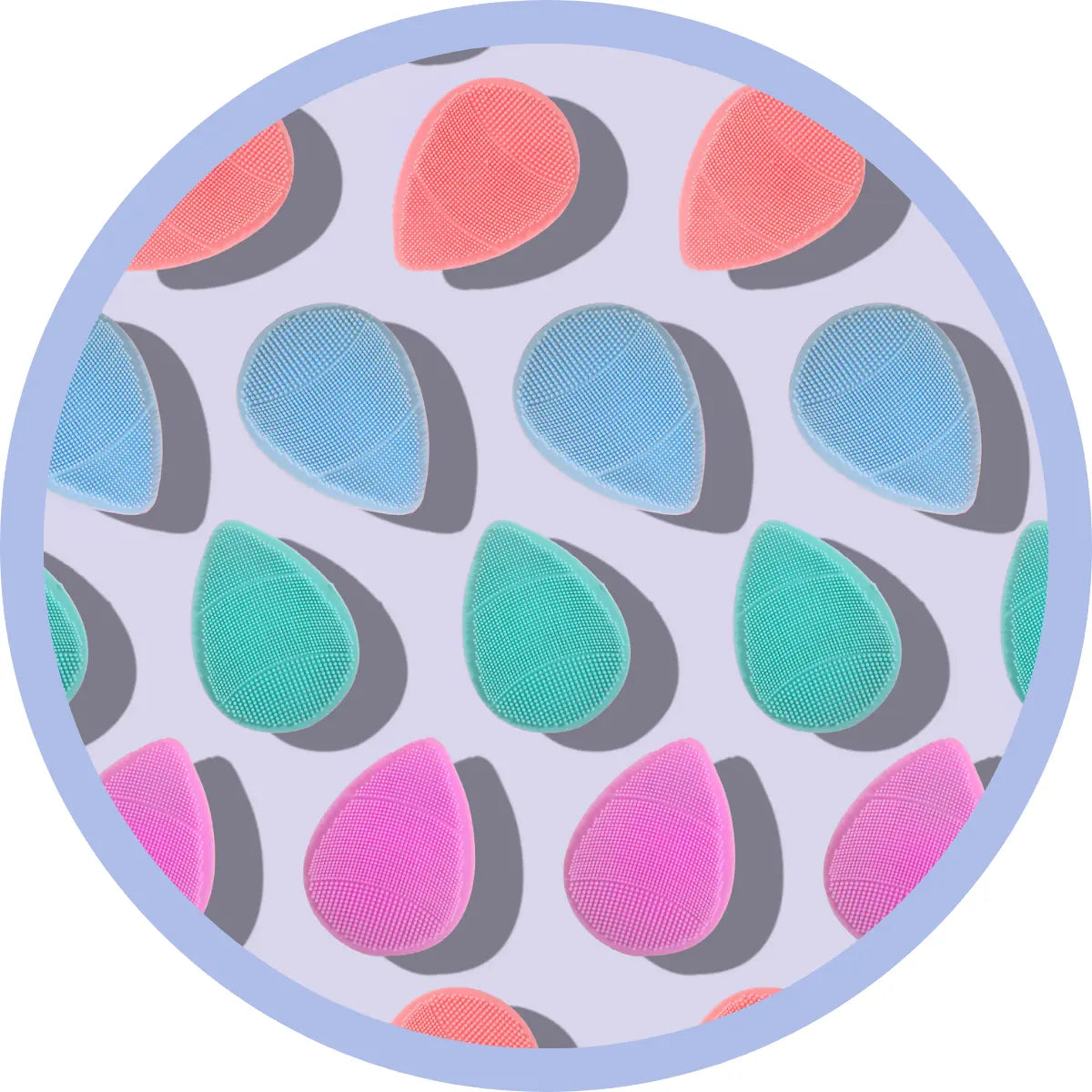 various colours tear shape skin buffers on lilac background