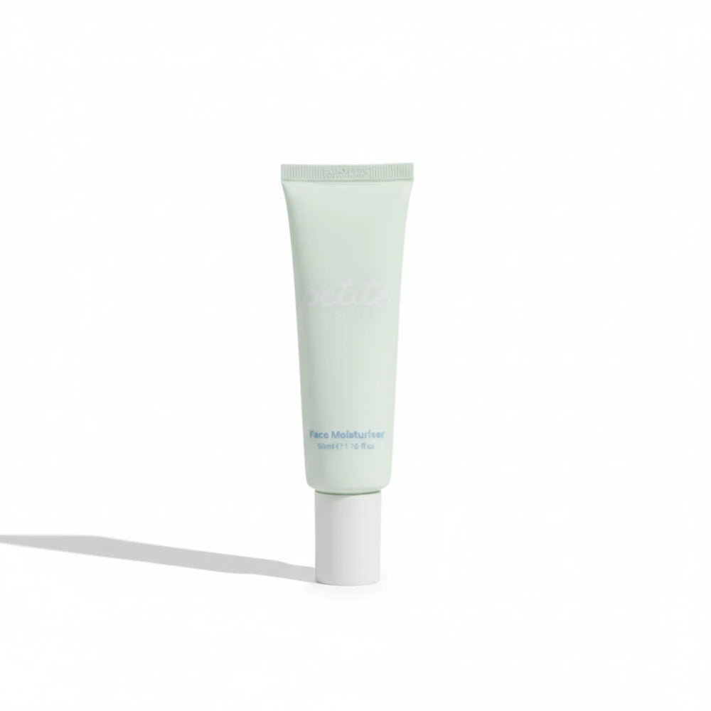 Tube of Face Moisturiser by Petite Skin Co., Australian made gentle skincare designed for 7 to 14 year olds, featuring a natural formula that supports young, developing skin. Good Skin Habits Start Early.