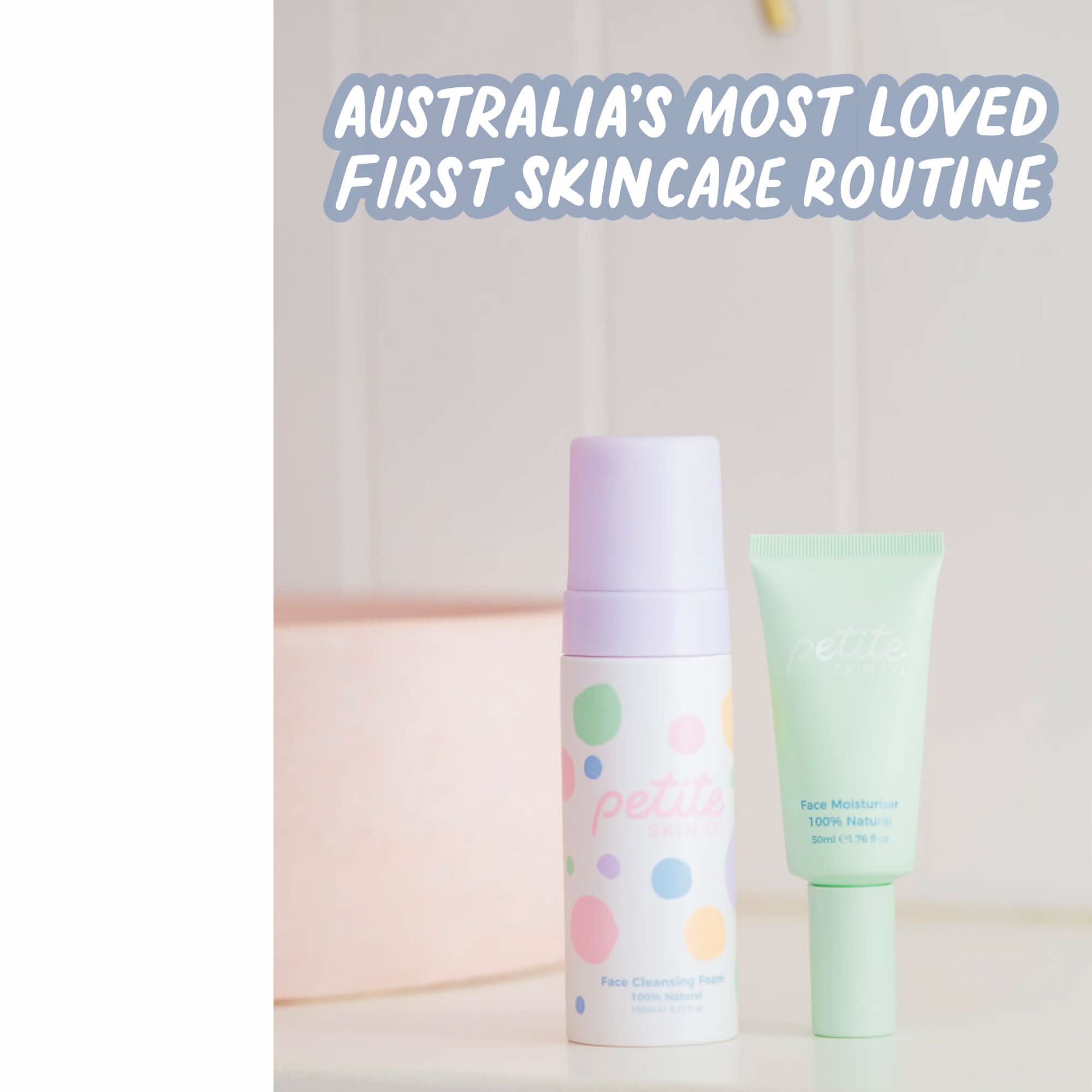 Two pastel-colored skincare bottles for children on a light surface with the text "Australia's most loved first skincare routine," highlighting "Is this a Gift?" Australian made, natural, made for the biology of 7 to 14 year old skin, Good Skin Habits Start Early.