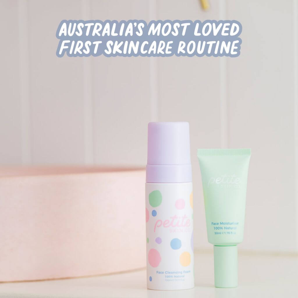 Two skincare products with colorful packaging on a neutral background, featuring text about Australia's most loved first skincare routine.