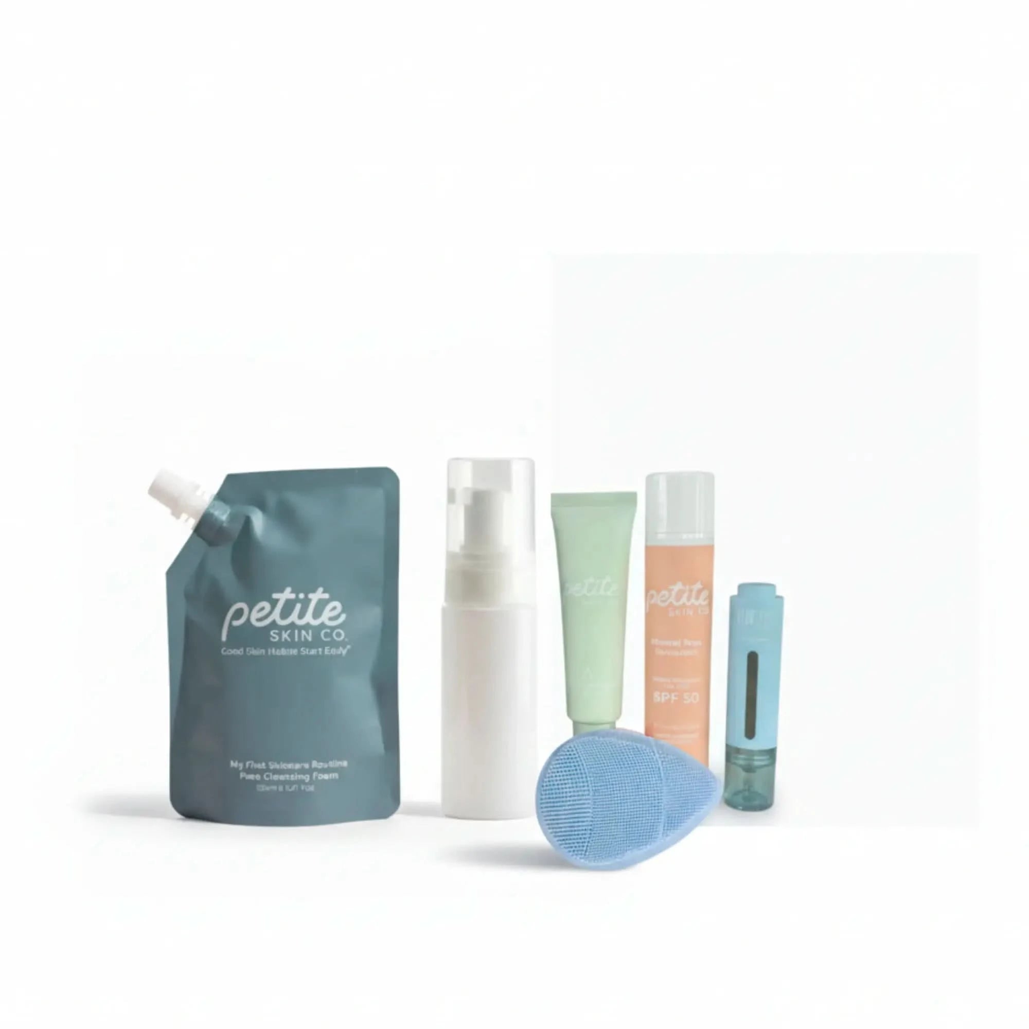 Collection of skincare products from petite skin co on a white background