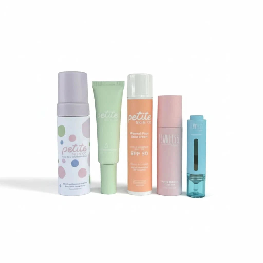 Petite Skin Co. face cleanser, face moisturiser, face sunscreen, face mist and blemish serum skincare priducts on a white background