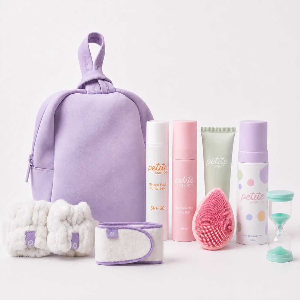 Good Skin Habits Routine with Australian made gentle skincare for 7 to 14 year olds, featuring natural ingredients, SPF50 face sunscreen, cleanser, and a lavender backpack. Good Skin Habits Start Early.