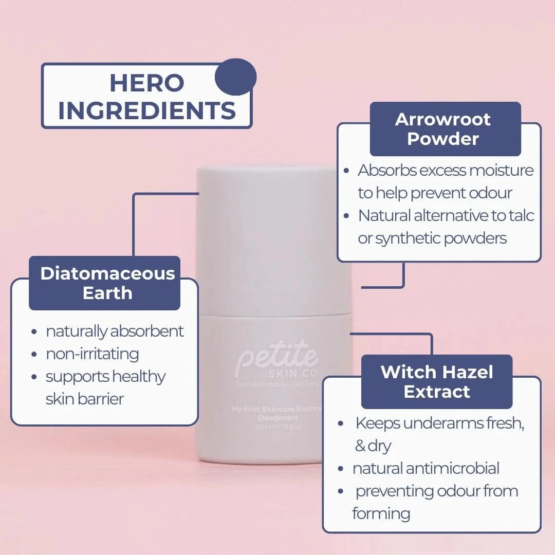 Deodorant by Petite Skin Co., Australian made natural formula for 7 to 14 year old sensitive skin with arrowroot powder, diatomaceous earth, and witch hazel extract. Good Skin Habits Start Early.