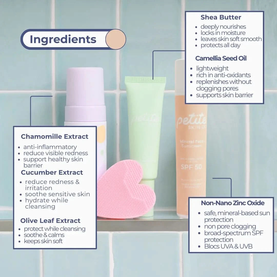 Cosmetic products with labeled ingredients on a tiled bathroom wall background