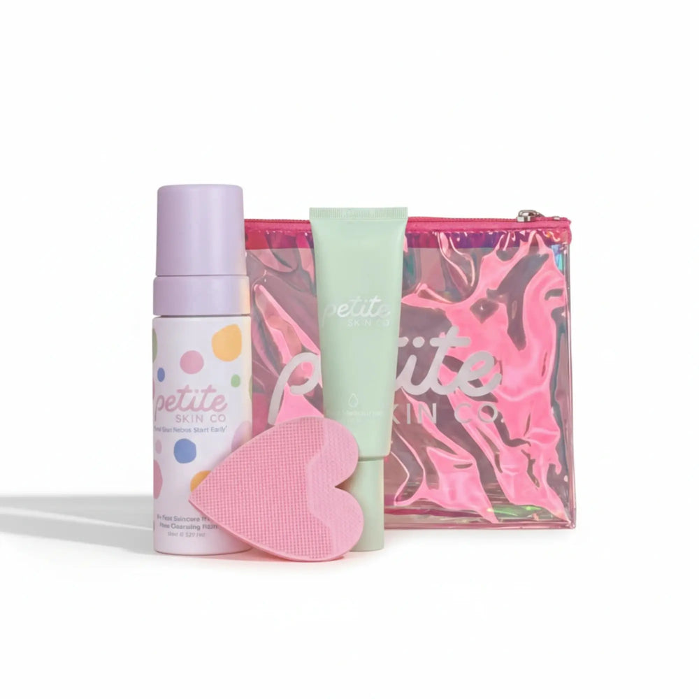Daily Duo Kit | Confetti Collection featuring Australian made natural skincare for 7 to 14 year olds, including gentle face cleansing foam, skin buffer, and moisturiser with a Good Skin Habits Start Early tagline.