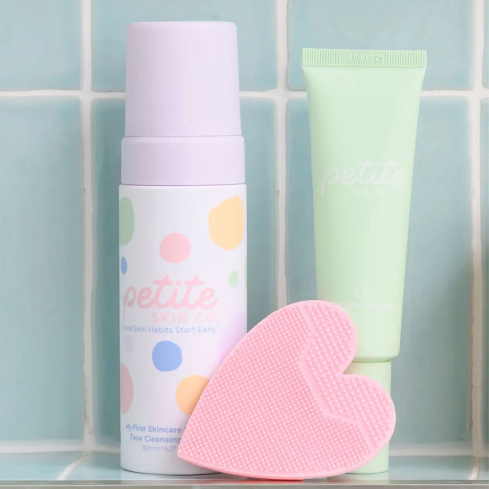 Daily Duo Kit | Confetti Collection by Petite Skin Co. featuring gentle face cleansing foam, moisturizer, and pink heart-shaped skin buffer, Australian made for young skin ages 7 to 14. Good Skin Habits Start Early.