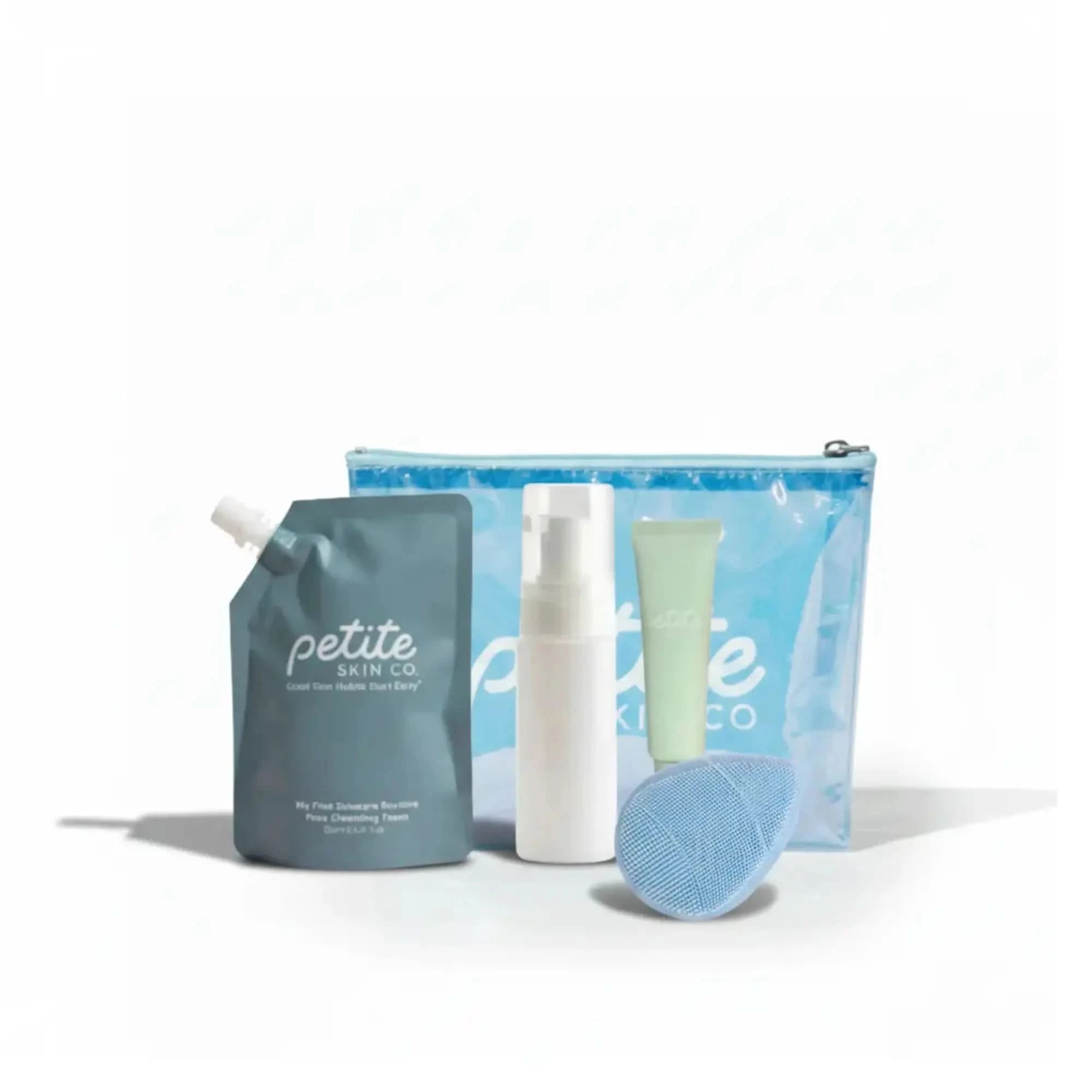 Daily Duo Kit | Crosses Collection by Petite Skin Co., Australian made skincare for 7 to 14 year olds featuring gentle face cleansing foam, moisturiser, and a soft skin buffer with clear blue pouch. Good Skin Habits Start Early.