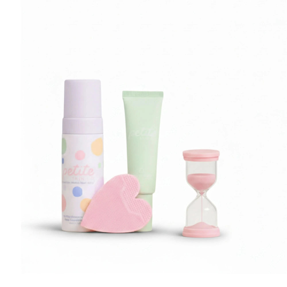 Night Time Routine | Confetti Collection featuring Australian made gentle face cleansing foam, soft heart-shaped skin buffer, and pink sand timer for kids aged 7 to 14. Good Skin Habits Start Early.
