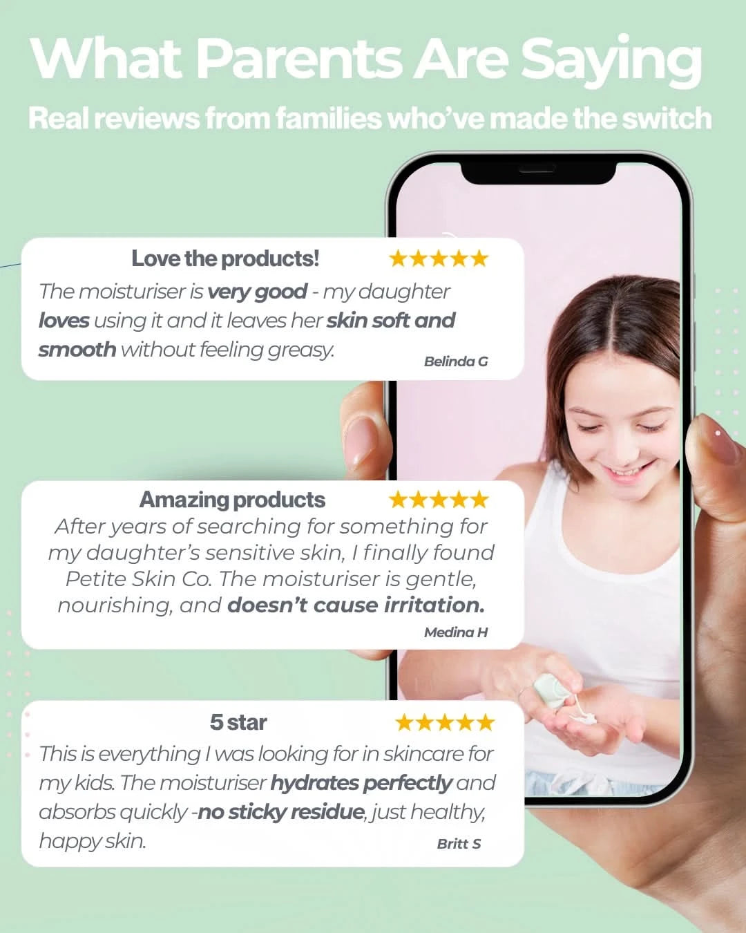 Phone displaying product reviews with a green background