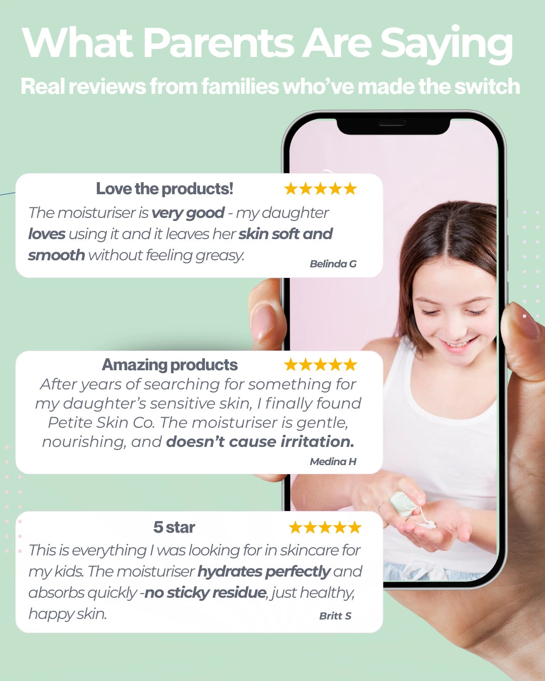 Phone displaying product reviews with a green background