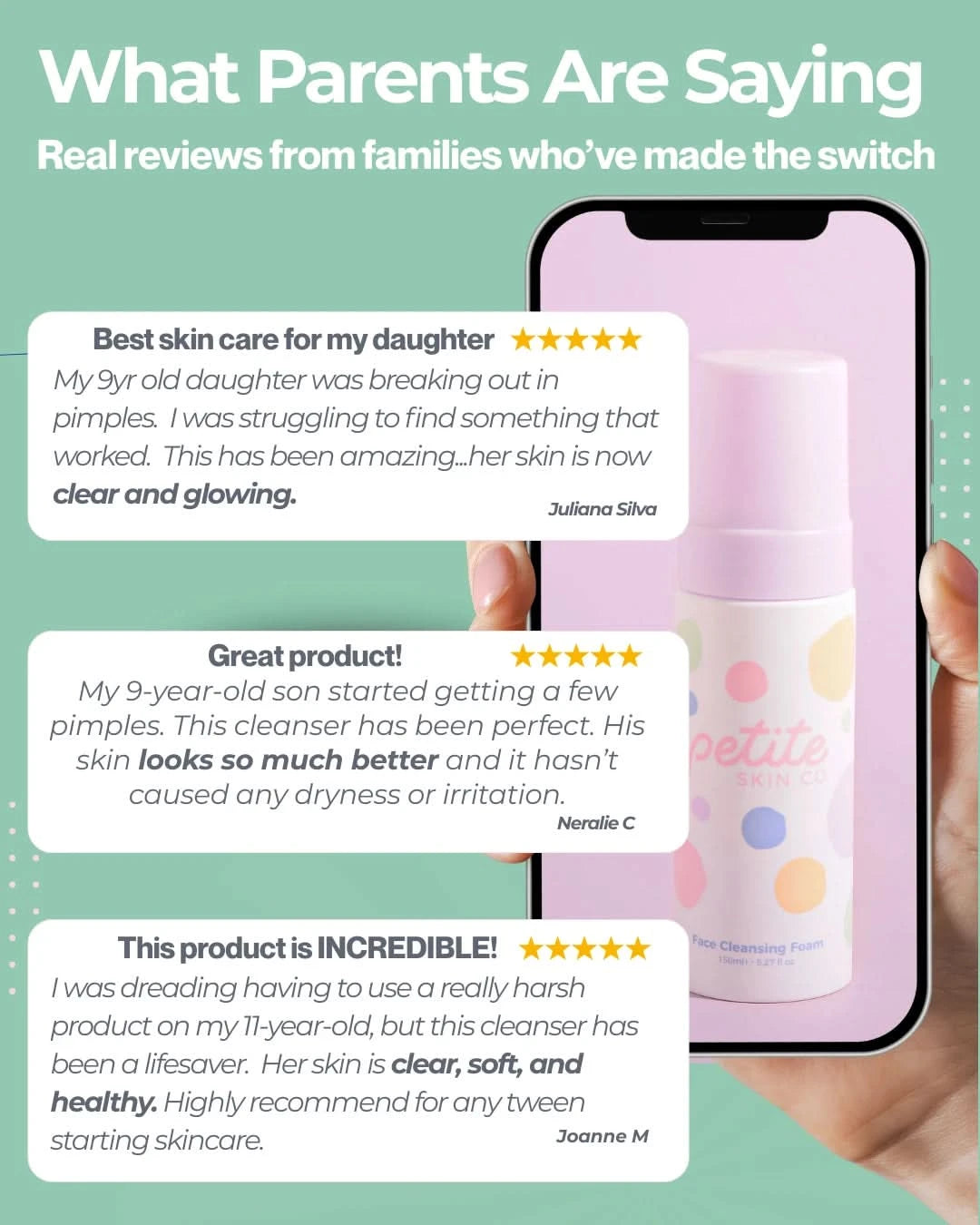 Product review card with customer testimonials on a green background