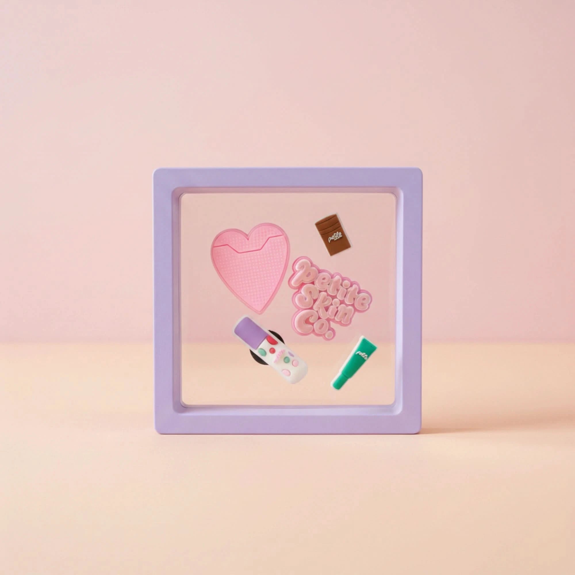 Petite Skin Co. Shoe Charm Set - 5 Piece displayed in a lavender frame, featuring fun pink, brown, white, and green charms, Australian made, designed for the biology of 7 to 14 year old skin, promoting good skin habits start early.