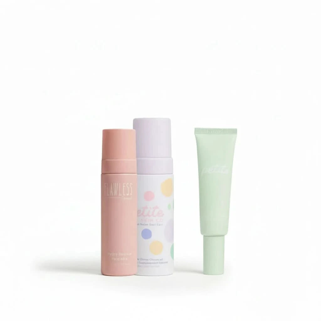 Petite Skin Co cleanser, moisturiser and face mist on white background
