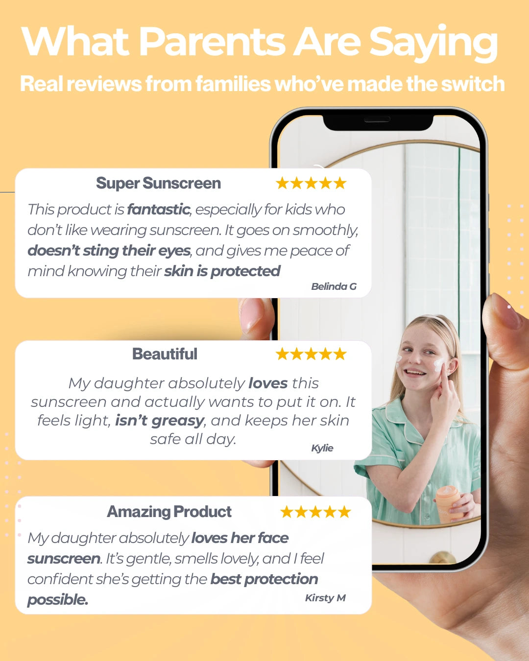 Product reviews from parents on a smartphone screen with a yellow background