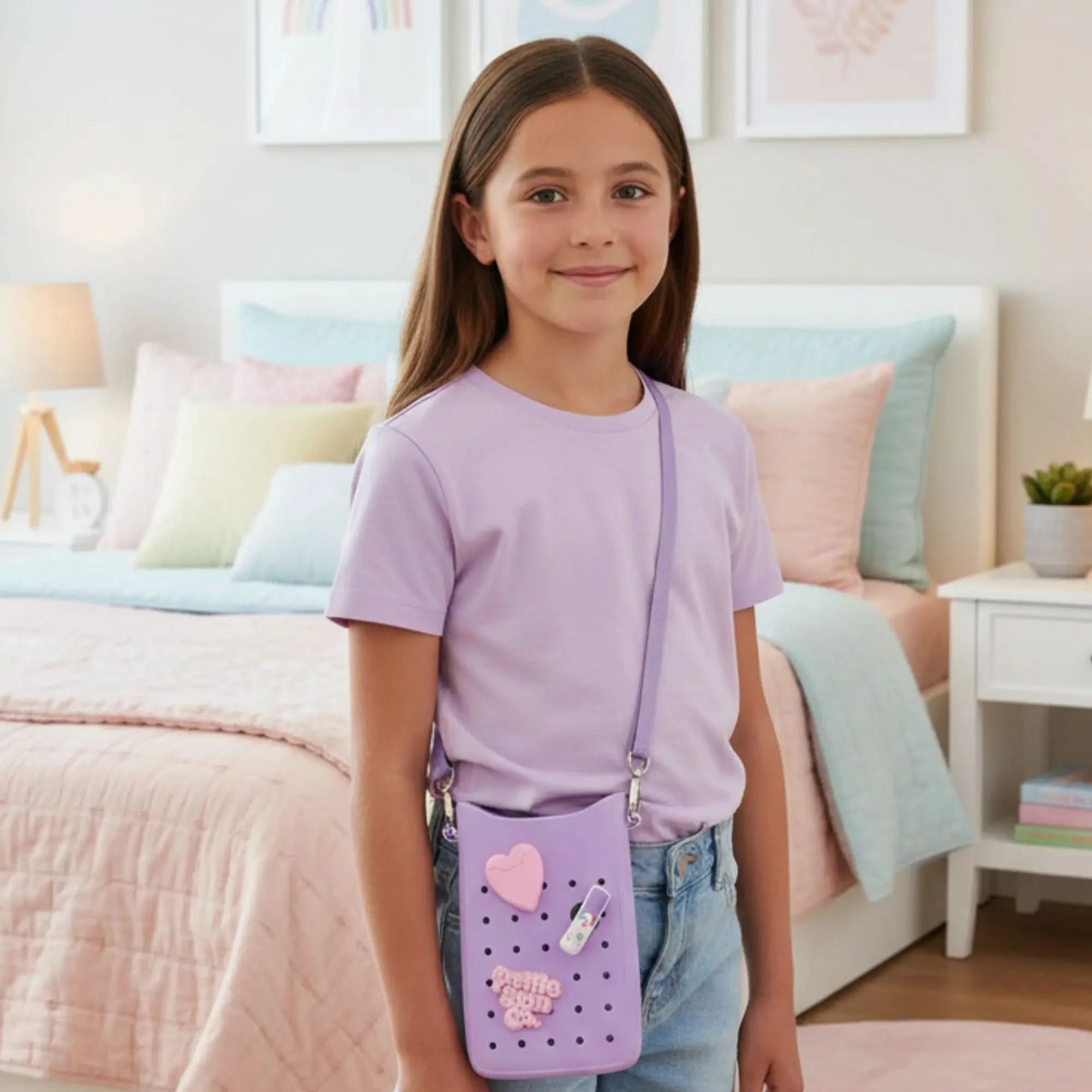 A young girl wearing a petite crossbody bag in a soft, pastel bedroom, reflecting Australian made, natural style designed for the biology of 7 to 14 year old skin. Good Skin Habits Start Early.