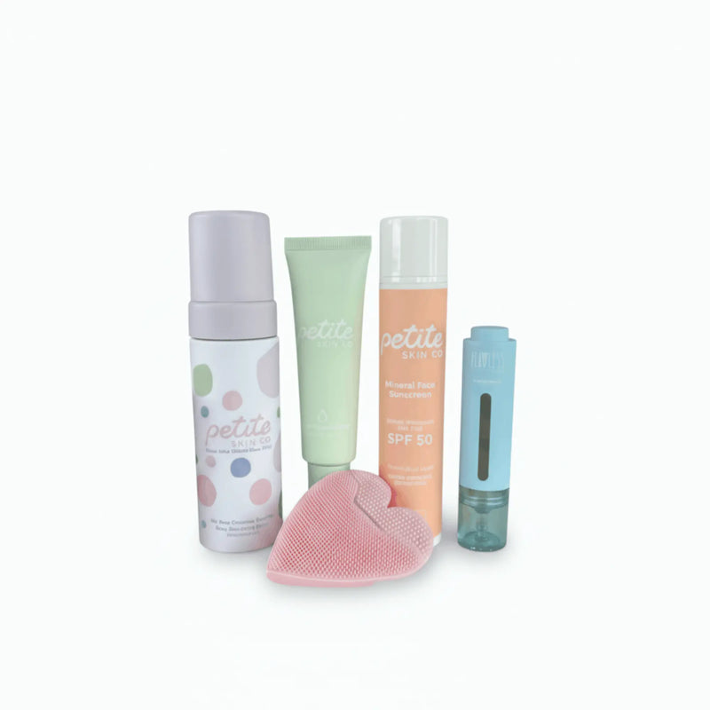 Clear Skin Essentials | Confetti Collection with gentle face cleansing foam, moisturiser, SPF50 face sunscreen, and a pink silicone heart buffer, Australian made for 7 to 14 year olds. Good Skin Habits Start Early.