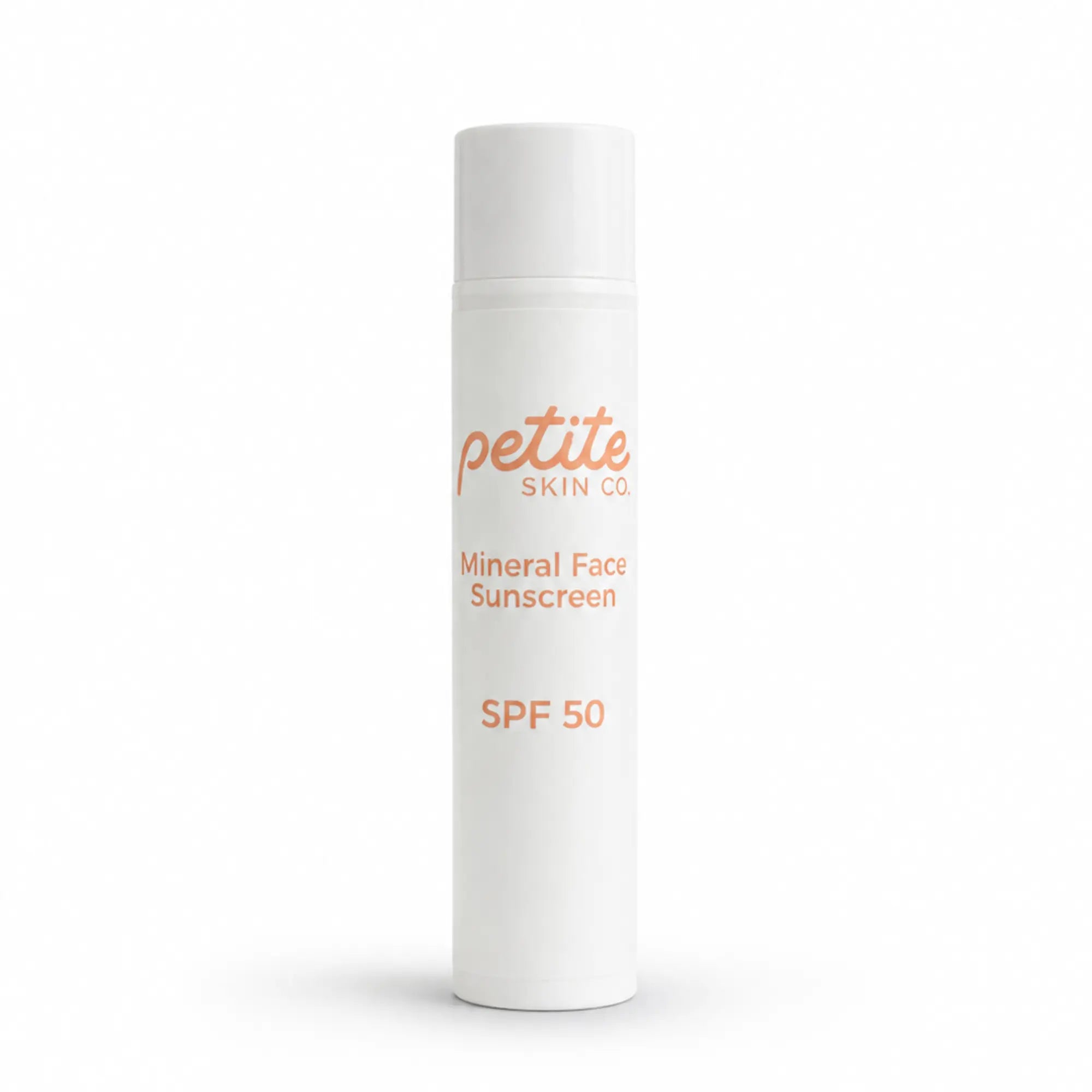 White cylindrical bottle of Petite Skin Co. Mineral Face Sunscreen SPF 50, part of the Clear Skin Essentials | Crosses Collection, Australian made for 7 to 14 year old skin with natural ingredients promoting good skin habits start early.
