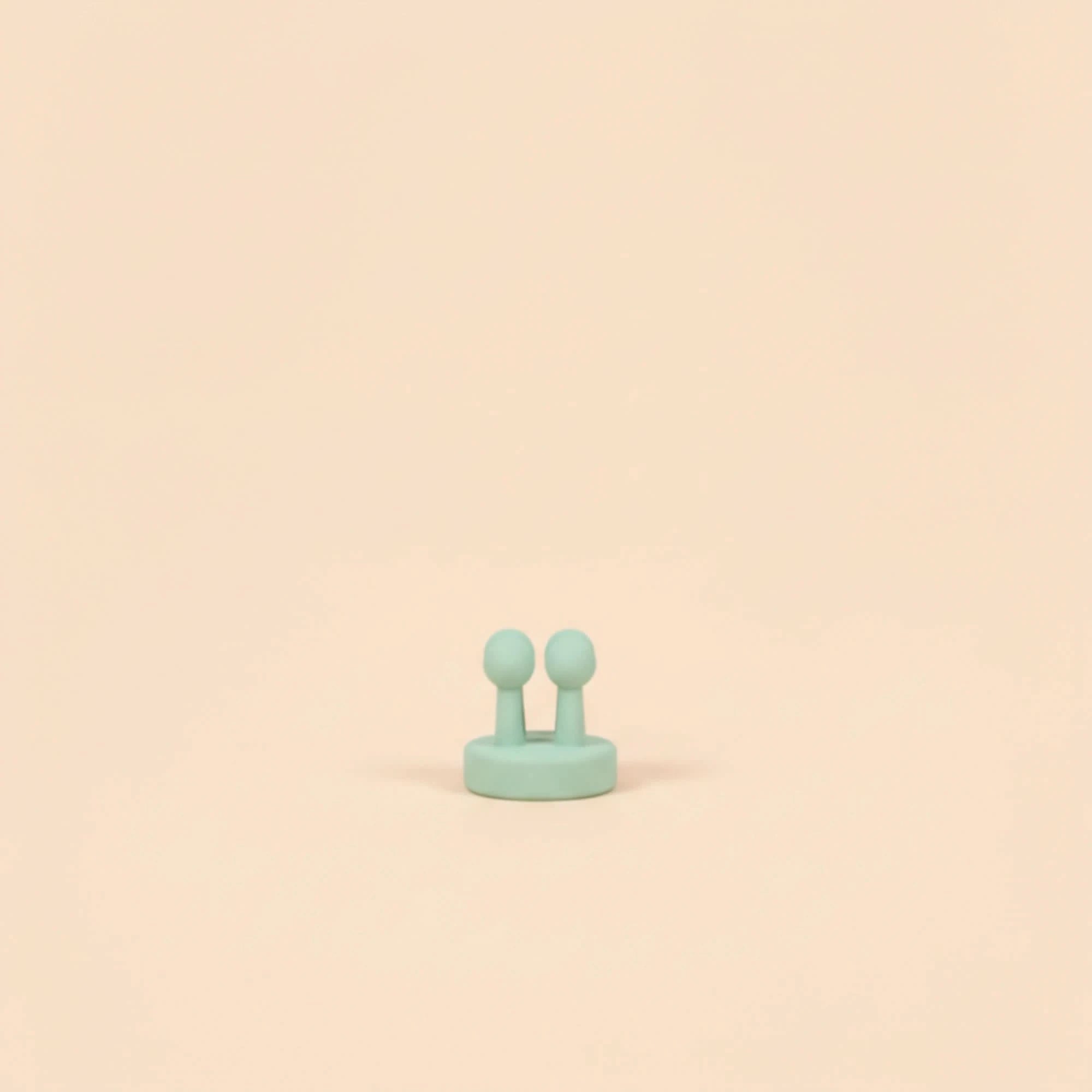 A small mint green silicone applicator brush with two rounded tips, designed to gently apply "The Sun Smart Set" sunscreen for Australian made, natural skincare for 7 to 14 year olds, promoting good skin habits early.