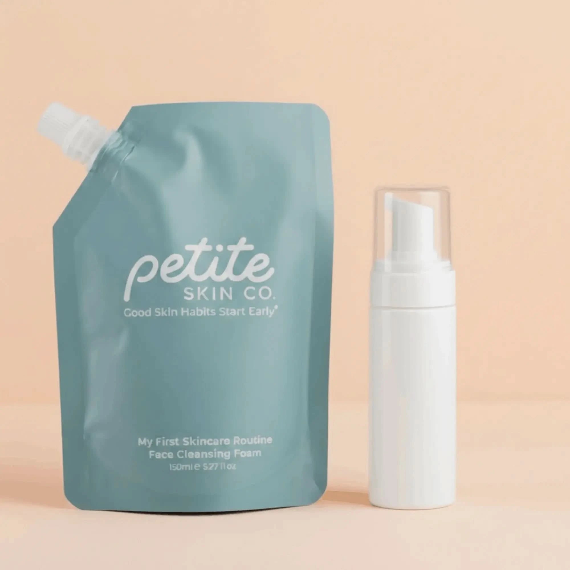 Petite Skin Co. face cleansing foam packaging on a beige background