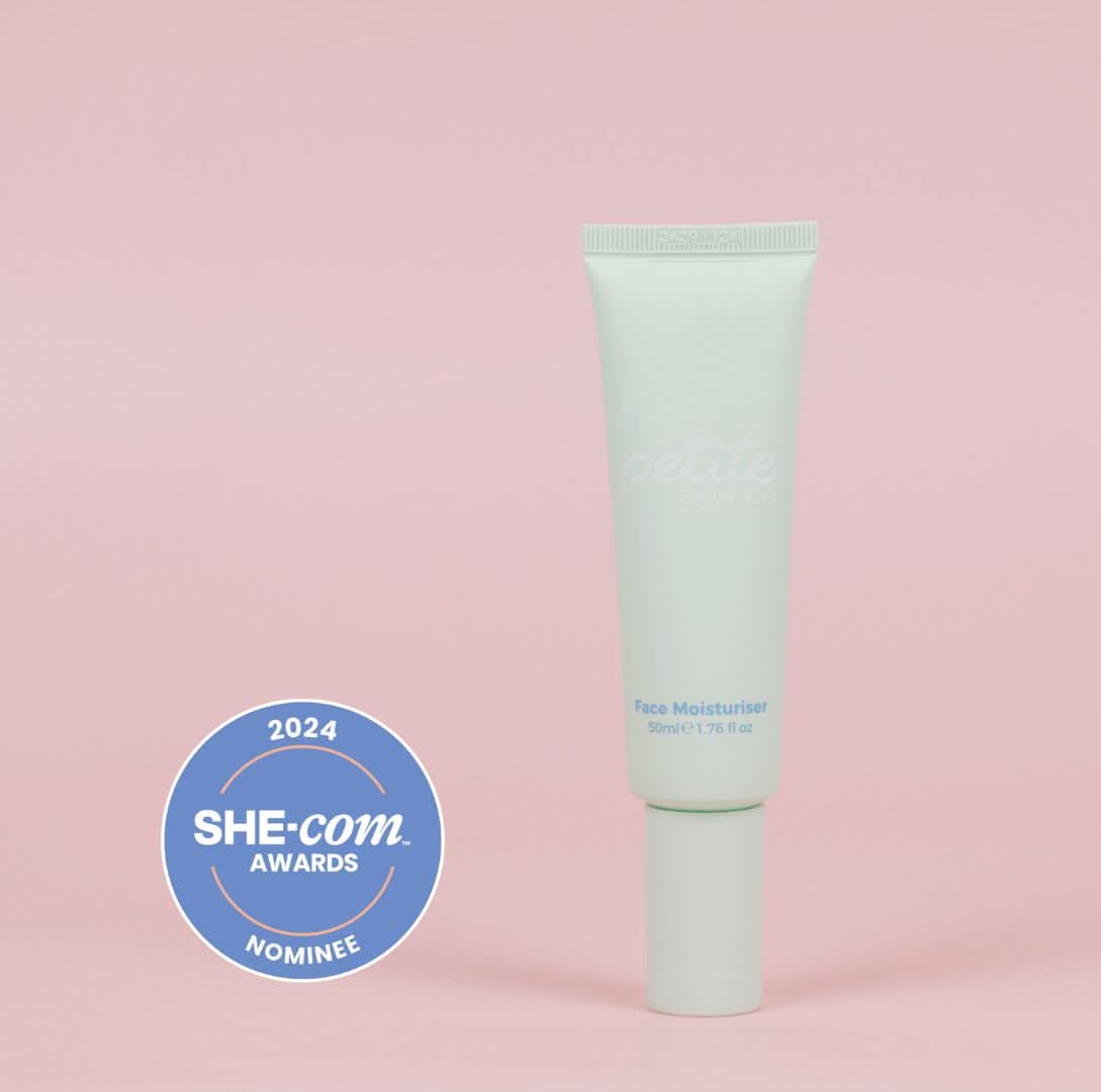Minimalist tube of face moisturiser for young skin on a pale pink background next to a circular badge indicating 2024 award nomination, reflecting gentle Australian made skincare for tweens.