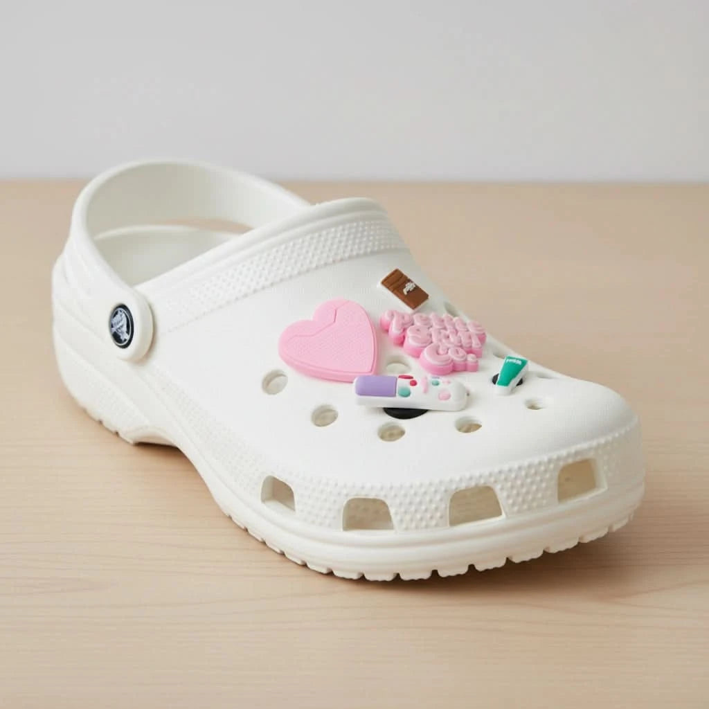 White clog style shoe decorated with pink heart, bubble gum, chocolate bar, and candy-themed pieces from the Petite Skin Co. Shoe Charm Set - 5 Piece, Australian made, natural, designed for the biology of 7 to 14 year old skin. Good Skin Habits Start Early.