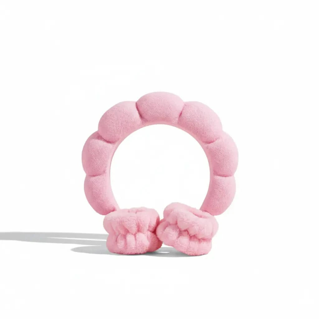 Soft pink bubble headband and matching cuff-style hair bands designed for comfort, ideal for use with the Daily Refresh Set. Australian made, natural, made for the biology of 7 to 14 year old skin. Good Skin Habits Start Early.