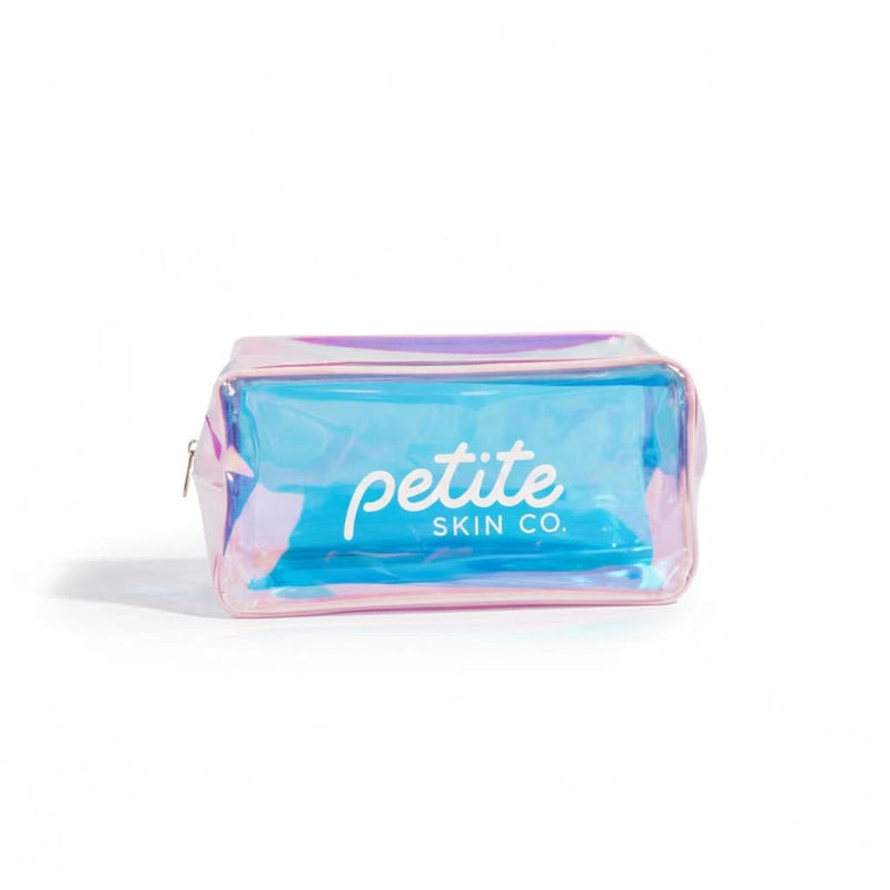 Transparent pink and blue Holographic Skincare Bag with Petite Skin Co. logo, roomy interior designed for Australian made natural skincare for 7 to 14 year olds. Good Skin Habits Start Early.