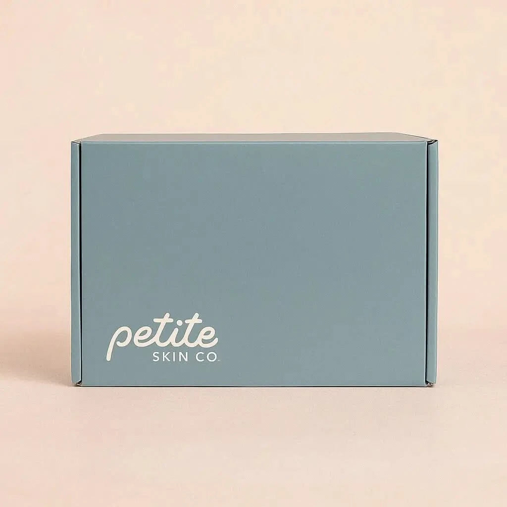 Light teal gift box with Petite Skin Co. logo, representing "Is this a Gift?" Australian made natural skincare for 7 to 14 year olds. Good Skin Habits Start Early.