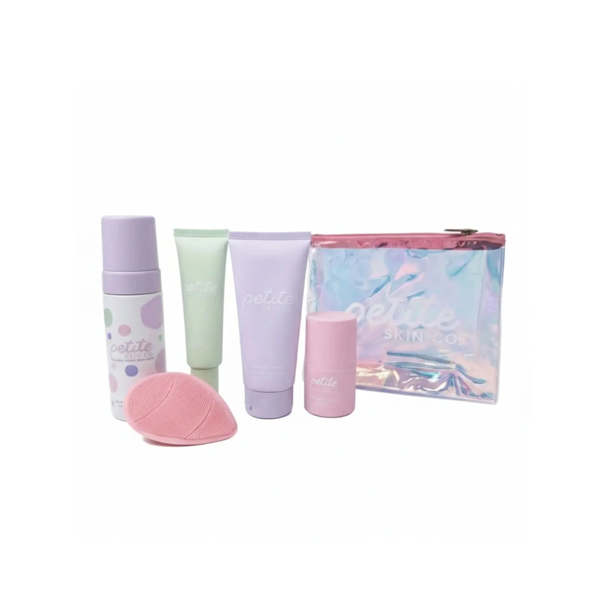 Set of pastel-colored skincare products with a pink pouch on a white background