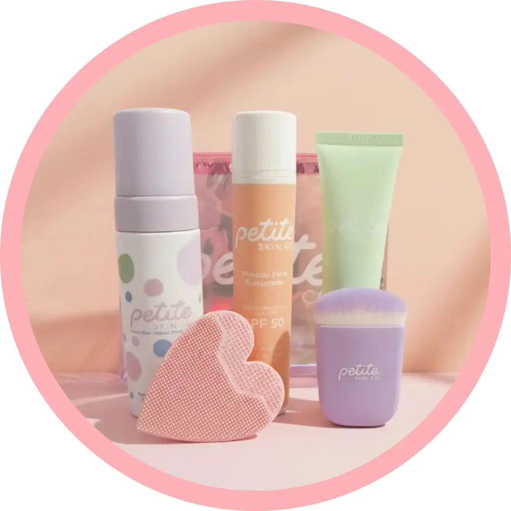 Petite Skin Co. products lined up in front of pink box
