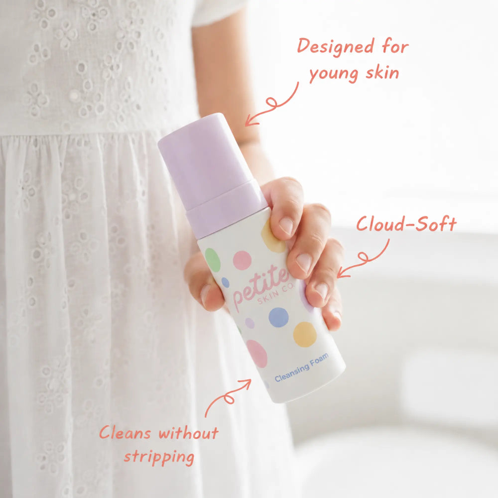Child holding a bottle of Clear Skin Essentials | Confetti Collection face cleansing foam, Australian made gentle skincare for 7 to 14 year olds promoting good skin habits start early