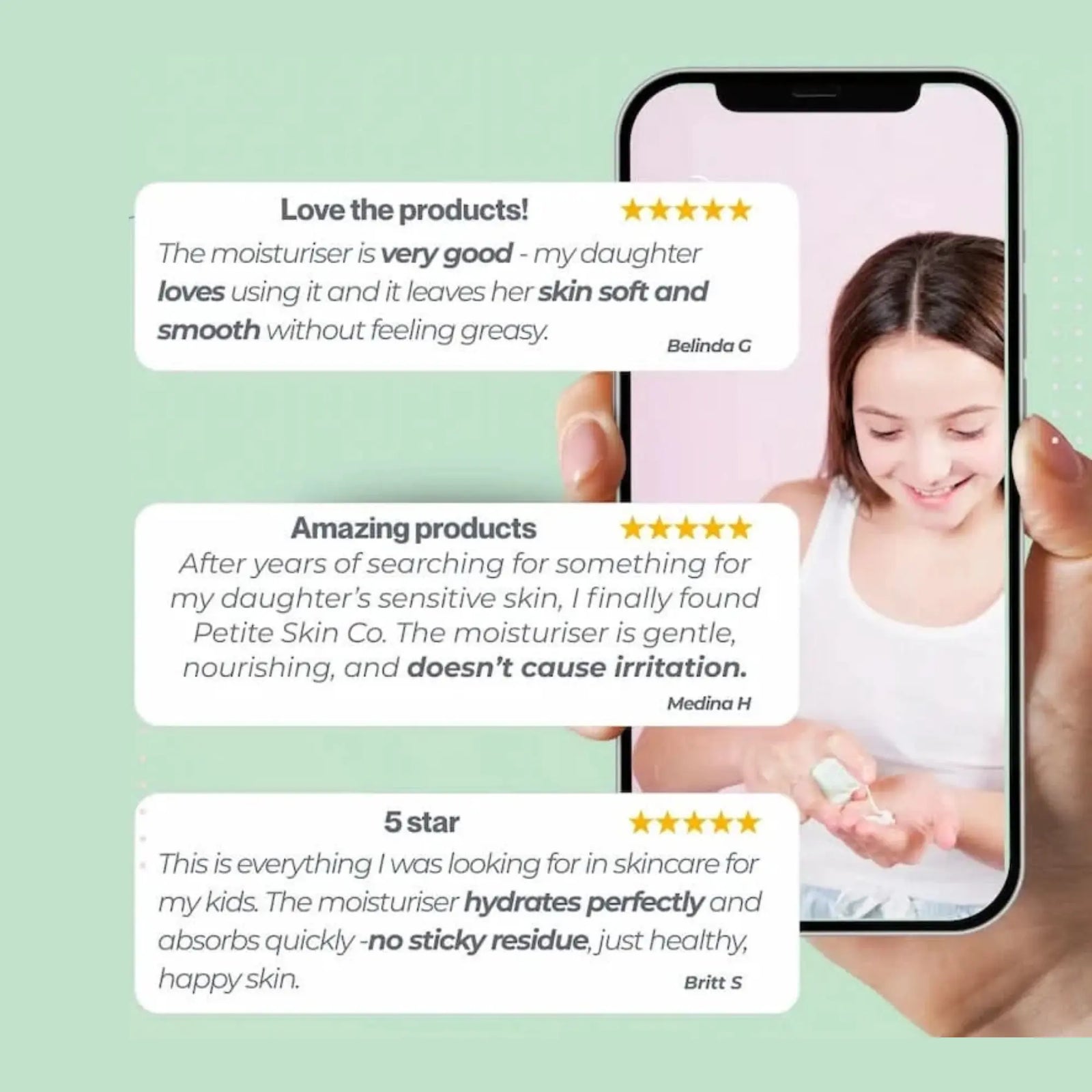 Customer reviews on a smartphone screen praising Face Moisturiser for kids, highlighting gentle, nourishing, Australian made skincare that hydrates without greasy residue, ideal for 7 to 14 year olds. Good Skin Habits Start Early.