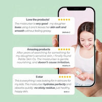 Customer reviews on a smartphone screen praising Face Moisturiser for kids, highlighting gentle, nourishing, Australian made skincare that hydrates without greasy residue, ideal for 7 to 14 year olds. Good Skin Habits Start Early.