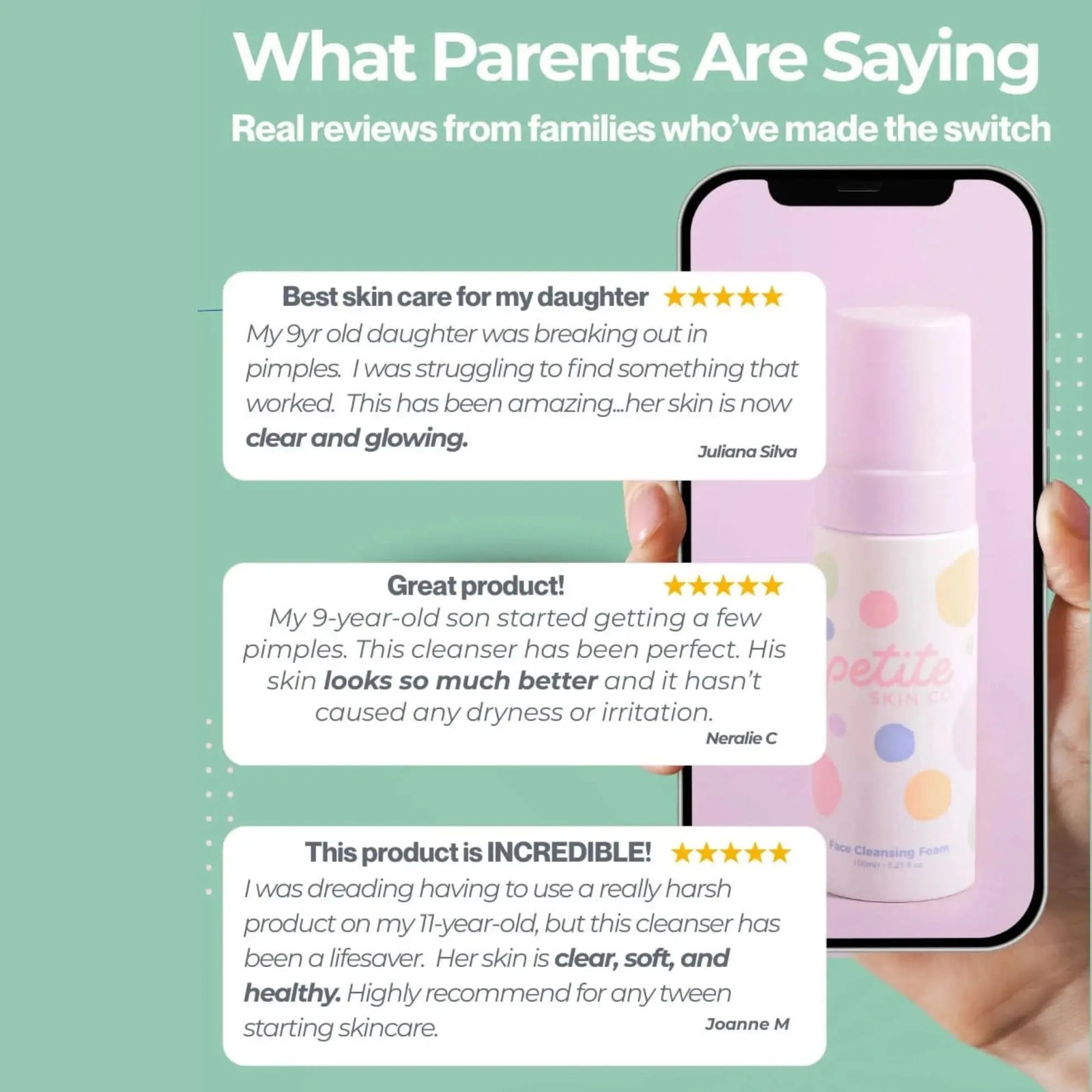 Hand holding a bottle of Clear Skin Essentials | Confetti Collection face cleansing foam by Petite Skin Co., surrounded by positive parent reviews highlighting its effectiveness for tween skincare, gentle formula, and Australian made natural ingredients. Good Skin Habits Start Early.