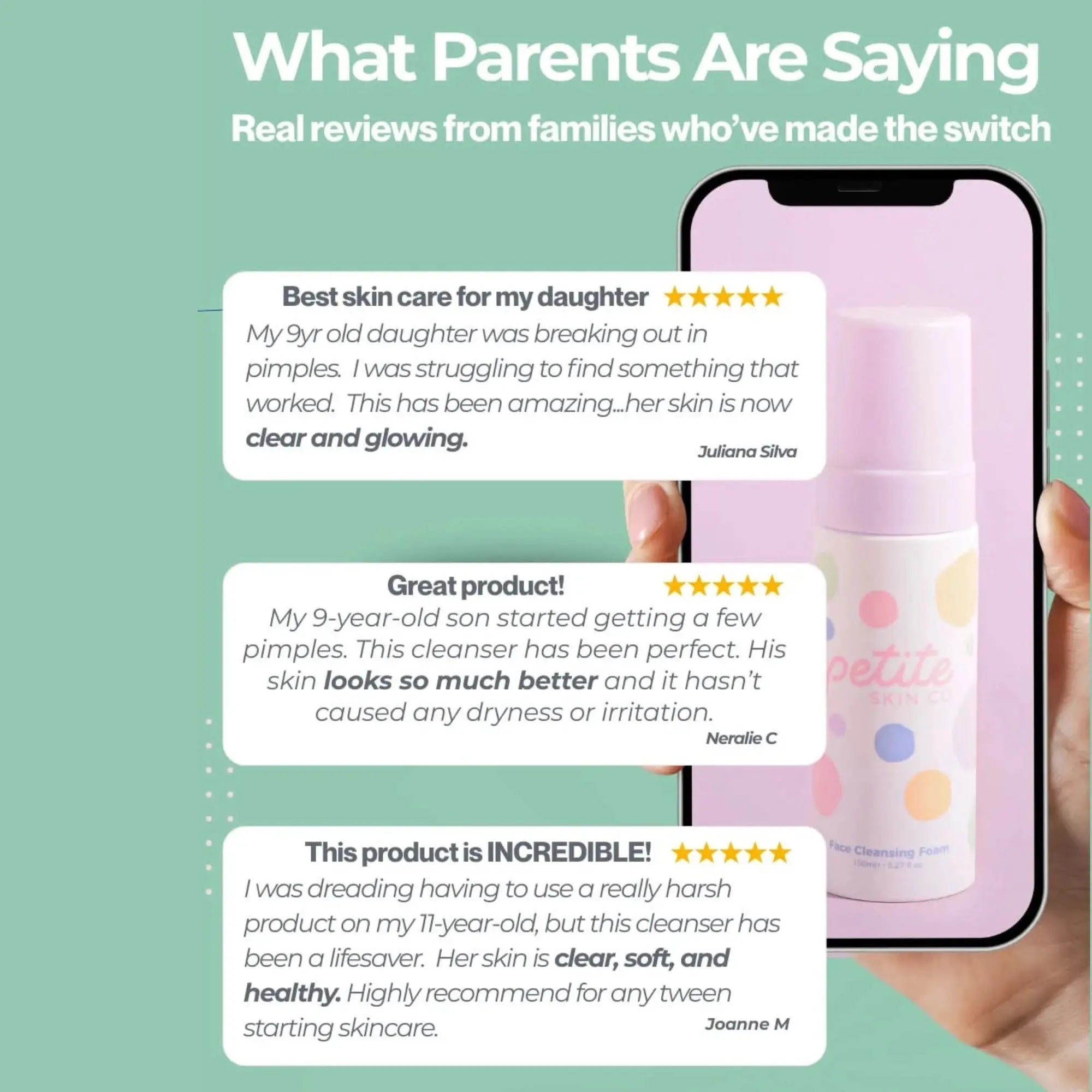 Hand holding a bottle of Clear Skin Essentials | Confetti Collection face cleansing foam by Petite Skin Co., surrounded by positive parent reviews highlighting its effectiveness for tween skincare, gentle formula, and Australian made natural ingredients. Good Skin Habits Start Early.