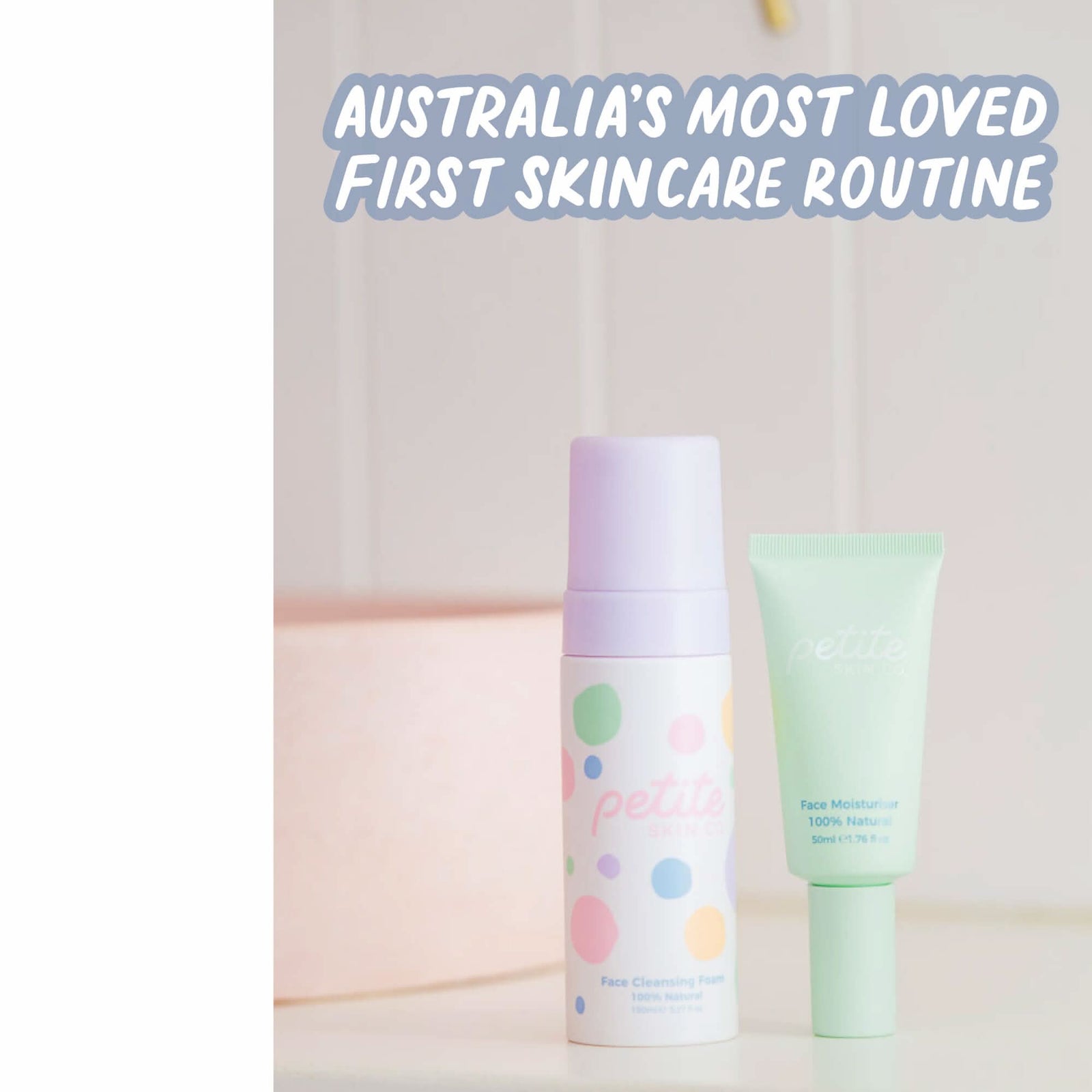 Two pastel-colored skincare bottles for children on a light surface with the text "Australia's most loved first skincare routine," highlighting "Is this a Gift?" Australian made, natural, made for the biology of 7 to 14 year old skin, Good Skin Habits Start Early.