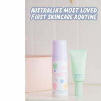 Two pastel-colored skincare bottles for children on a light surface with the text "Australia's most loved first skincare routine," highlighting "Is this a Gift?" Australian made, natural, made for the biology of 7 to 14 year old skin, Good Skin Habits Start Early.