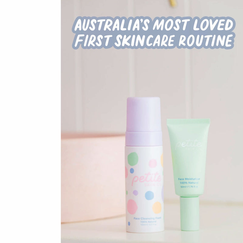 Two pastel-colored skincare bottles for children on a light surface with the text "Australia's most loved first skincare routine," highlighting "Is this a Gift?" Australian made, natural, made for the biology of 7 to 14 year old skin, Good Skin Habits Start Early.