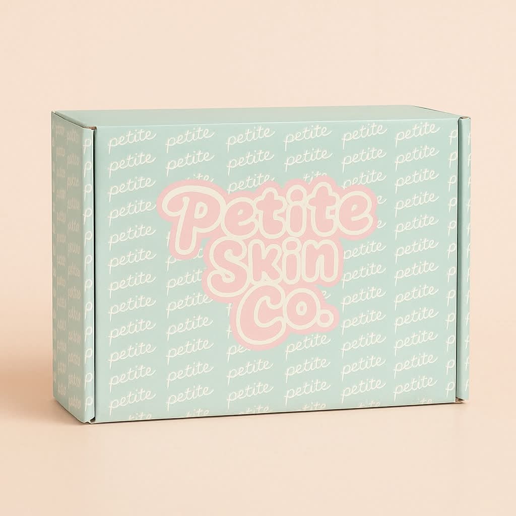 Signature Boxes in pastel teal with Petite Skin Co. branding, Australian made natural skincare packaging designed for the biology of 7 to 14 year old skin. Good Skin Habits Start Early.