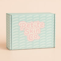 Signature Boxes in pastel teal with Petite Skin Co. branding, Australian made natural skincare packaging designed for the biology of 7 to 14 year old skin. Good Skin Habits Start Early.