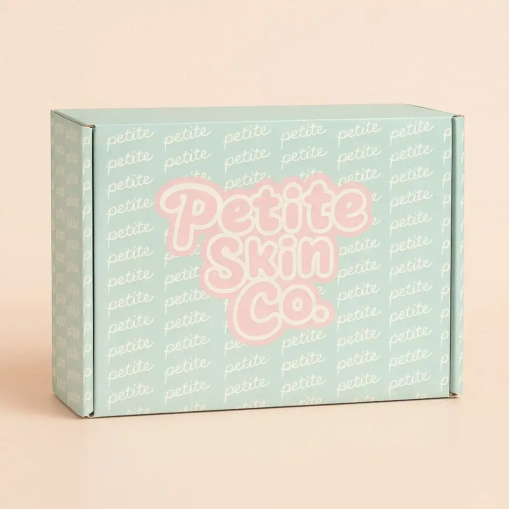 Light blue box with 'petite' and 'Petite Skin Co.' text on a beige background