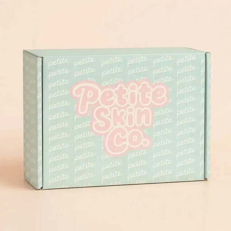 Light blue Petite Skin Co. box with repeating logo pattern and prominent pink logo, representing the Australian made natural skincare brand for 7 to 14 year old skin, titled Is this a Gift? with tagline Good Skin Habits Start Early.