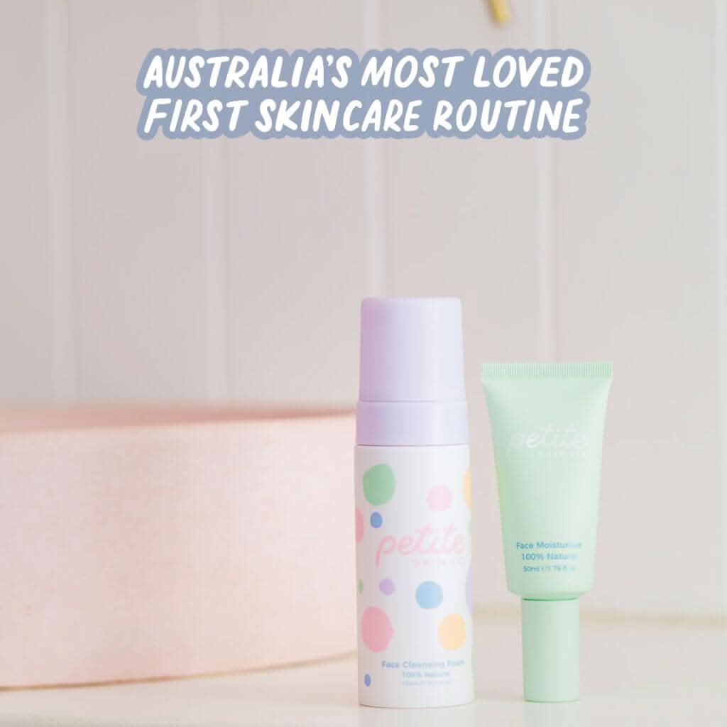 Image of a gentle face cleansing foam and a light green face moisturizer designed for young skin, promoting "Is this a Gift?" with Australian made, natural skincare for 7 to 14 year olds. Good Skin Habits Start Early.