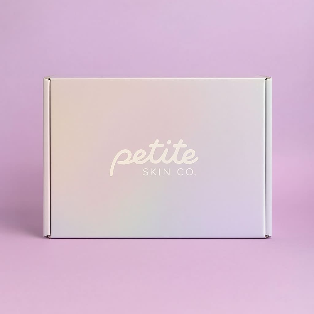 A pastel-colored Petite Skin Co. gift box against a soft purple background, featuring the product "Is this a Gift?" designed for Australian made, natural skincare for 7 to 14 year old skin. Good Skin Habits Start Early.