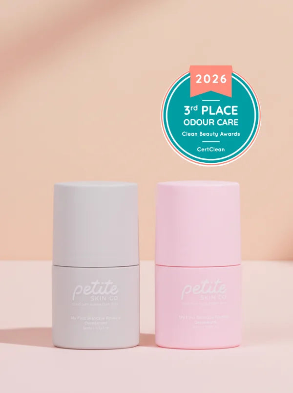 petite skin co grey and pink deodorants on peach background with nominations badge