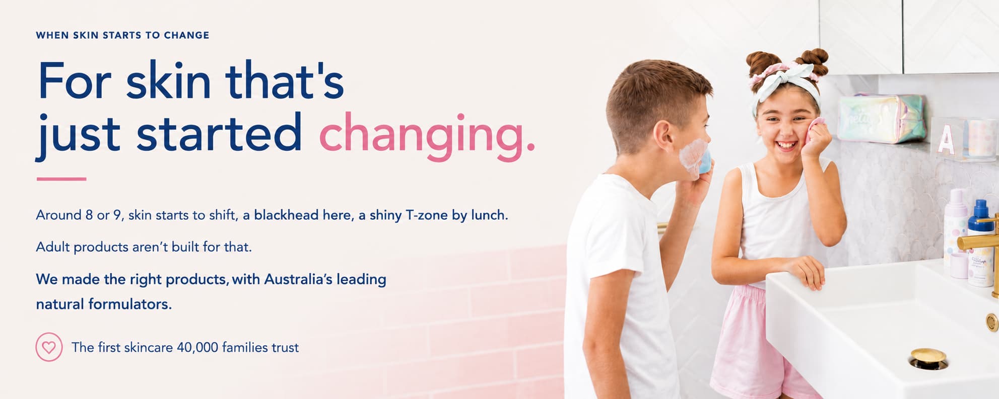 girl and boy in white bathroom using petite skin co products for skin that is changing