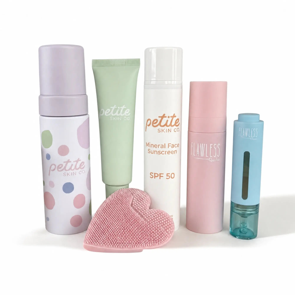 Daily Defence Skincare Kit featuring gentle face cleansing foam, moisturiser, SPF50 mineral sunscreen, and skincare tools designed for natural, Australian made skincare for 7 to 14 year olds. Good Skin Habits Start Early.