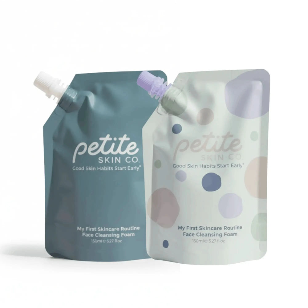 Two refill pouches of Face Cleanser Refill Pouches by Petite Skin Co., Australian made gentle face cleansing foam designed for the biology of 7 to 14 year old skin, promoting good skin habits early.