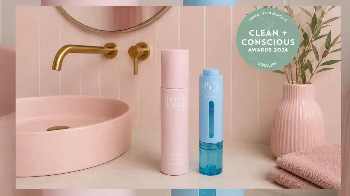 pink and blue petite skin co products in pink bathroom with clean and conscious awards finalist badge